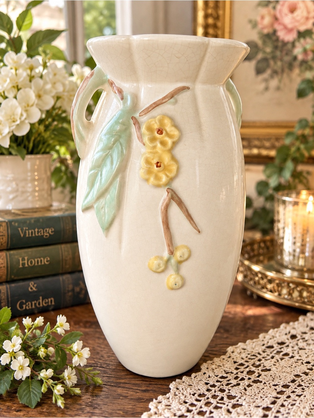 Antique Weller Pottery F-8 Dogwood Vase 10” Cream Floral Double Handle 10”